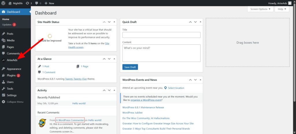 Click on AriseAds Menu from WP Dashboard
